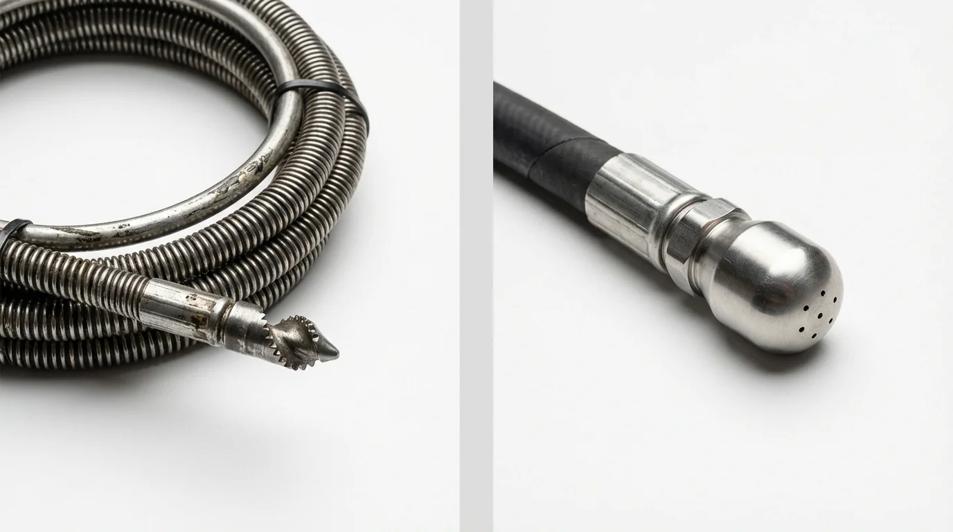 Drain snake cable and hydro jetting nozzle used for drain cleaning in Huntingdon, TN