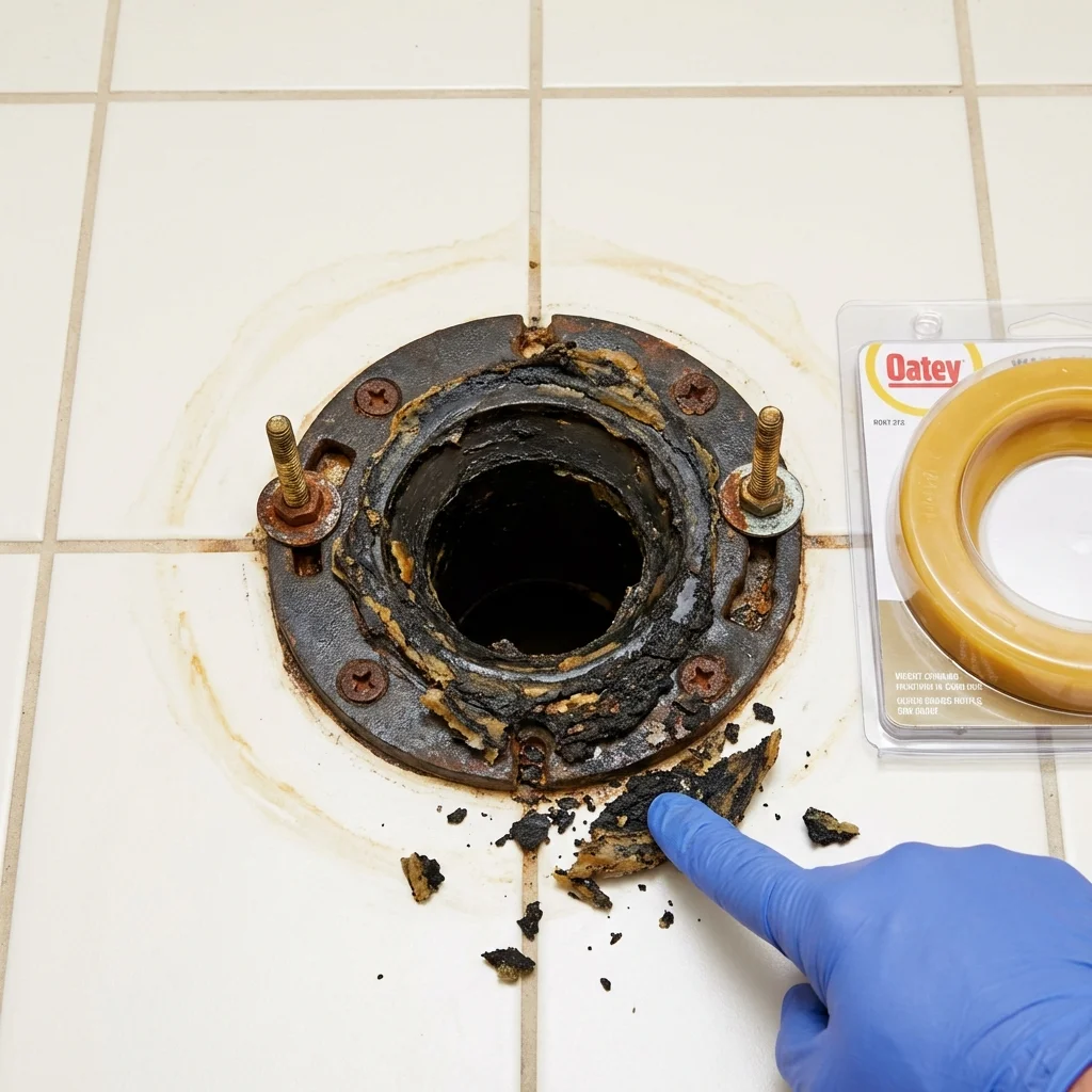 Failed wax ring showing water seepage at the base of a toilet in a Huntingdon, TN home