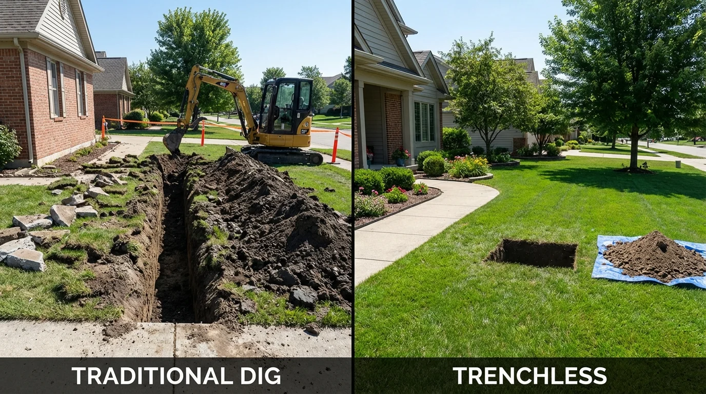 Trenchless sewer repair with minimal yard damage versus traditional excavation in Huntingdon, TN