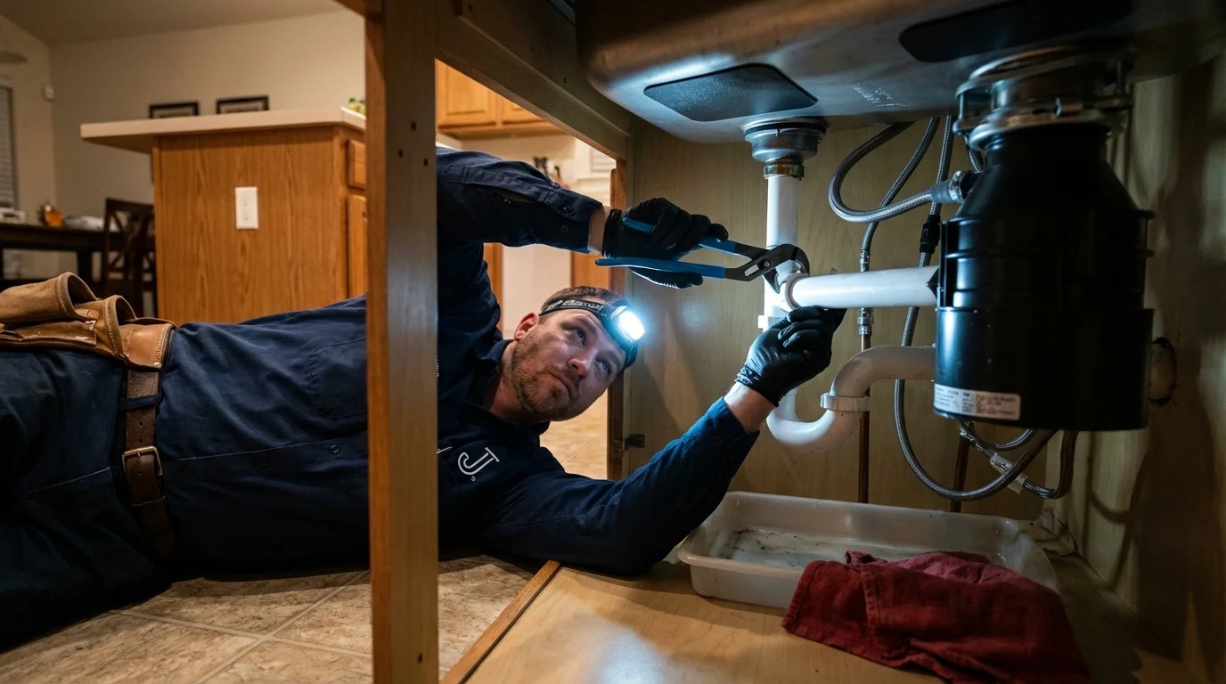 P-trap and supply line connections under a kitchen sink showing a common leak point in Huntingdon, TN